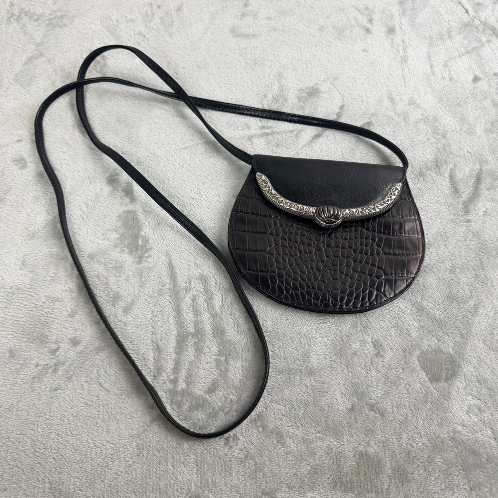 Brighton Black Croc Embossed Leather Crossbody Bag Silver Western Scroll Detail
